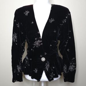 Vintage Karen Okada Climax Velvet Blazer Sheer Back Bow Embellished Peplum S/M